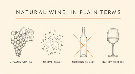 Infographic: what natural wine means, organic grapes, native yeast, nothing added, rarely filtered