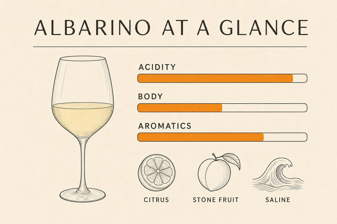 Infographic: Albarino wine profile, high acidity, citrus, stone fruit, saline