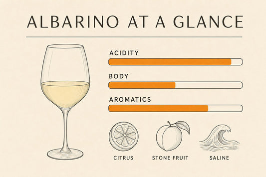 Infographic: Albarino wine profile, high acidity, citrus, stone fruit, saline