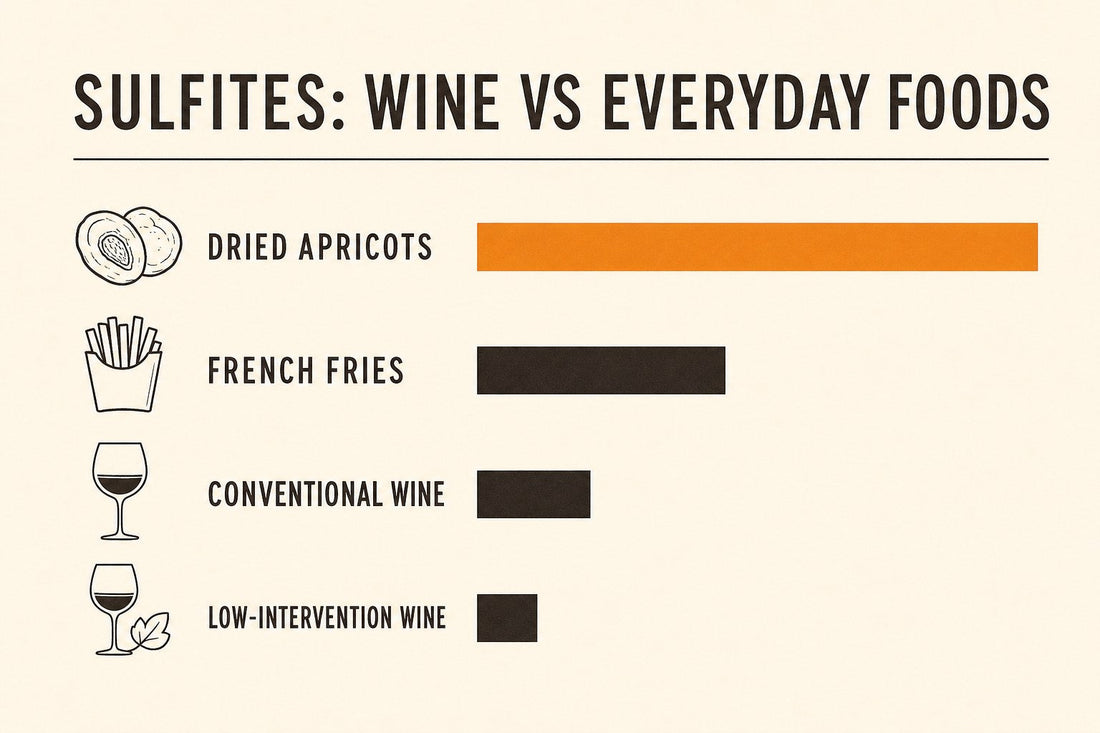 Infographic: sulfite levels in wine compared to everyday foods like dried apricots