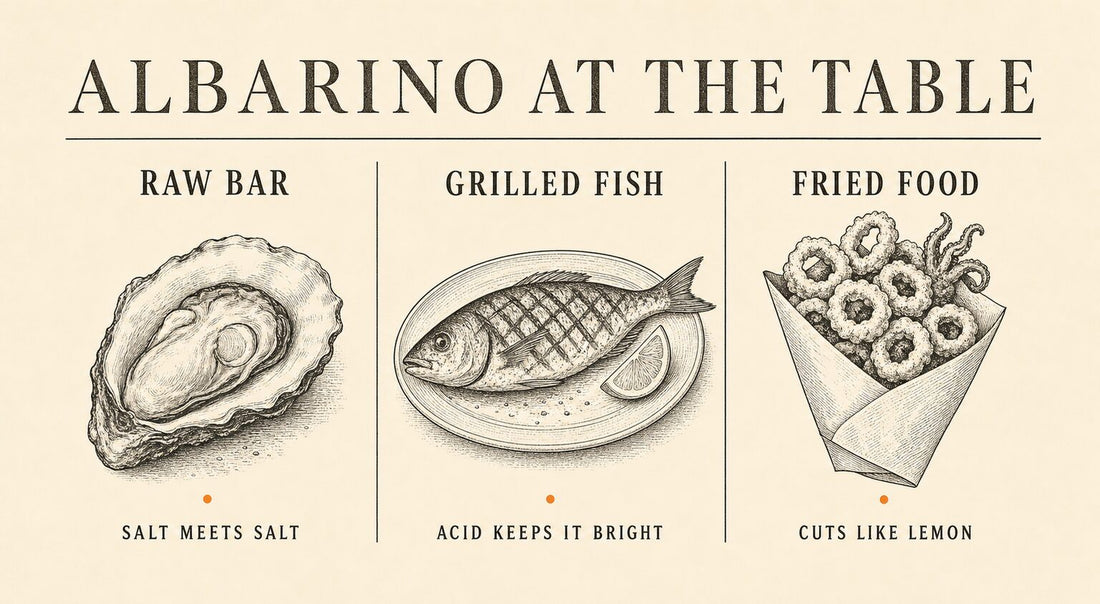 Infographic: Albarino food pairing, raw bar, grilled fish, fried food