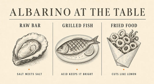 Infographic: Albarino food pairing, raw bar, grilled fish, fried food