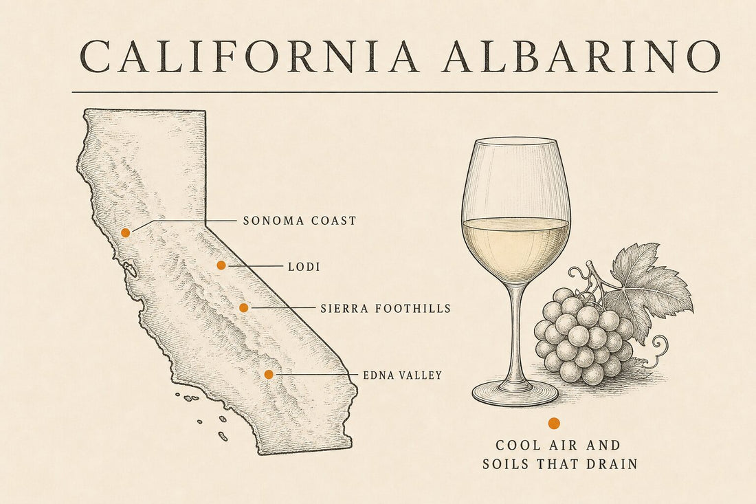 Infographic: California albarino regions, Sonoma Coast, Lodi, Sierra Foothills, Edna Valley