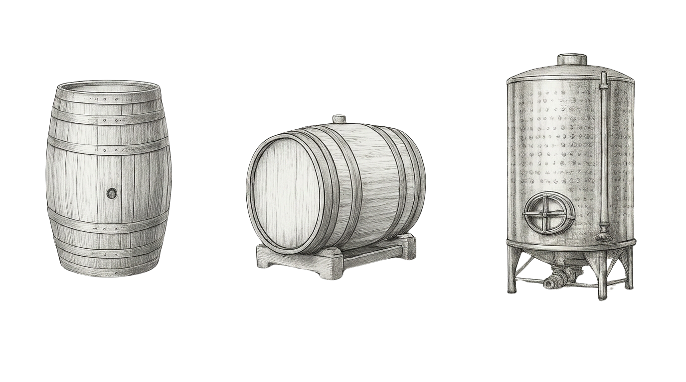 Coteau Pavot cellar - oak barrels, barrique, and stainless tank